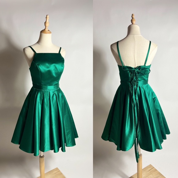 Satin Full Skirt Square Neck Corset Back Holiday Green Party Dress Womens 4